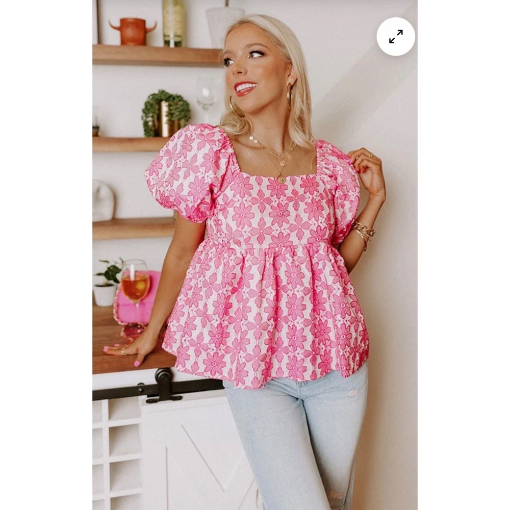 Entro Ariana Top Pink Floral Lace Puff Sleeve Babydoll Square Neck Large NWT